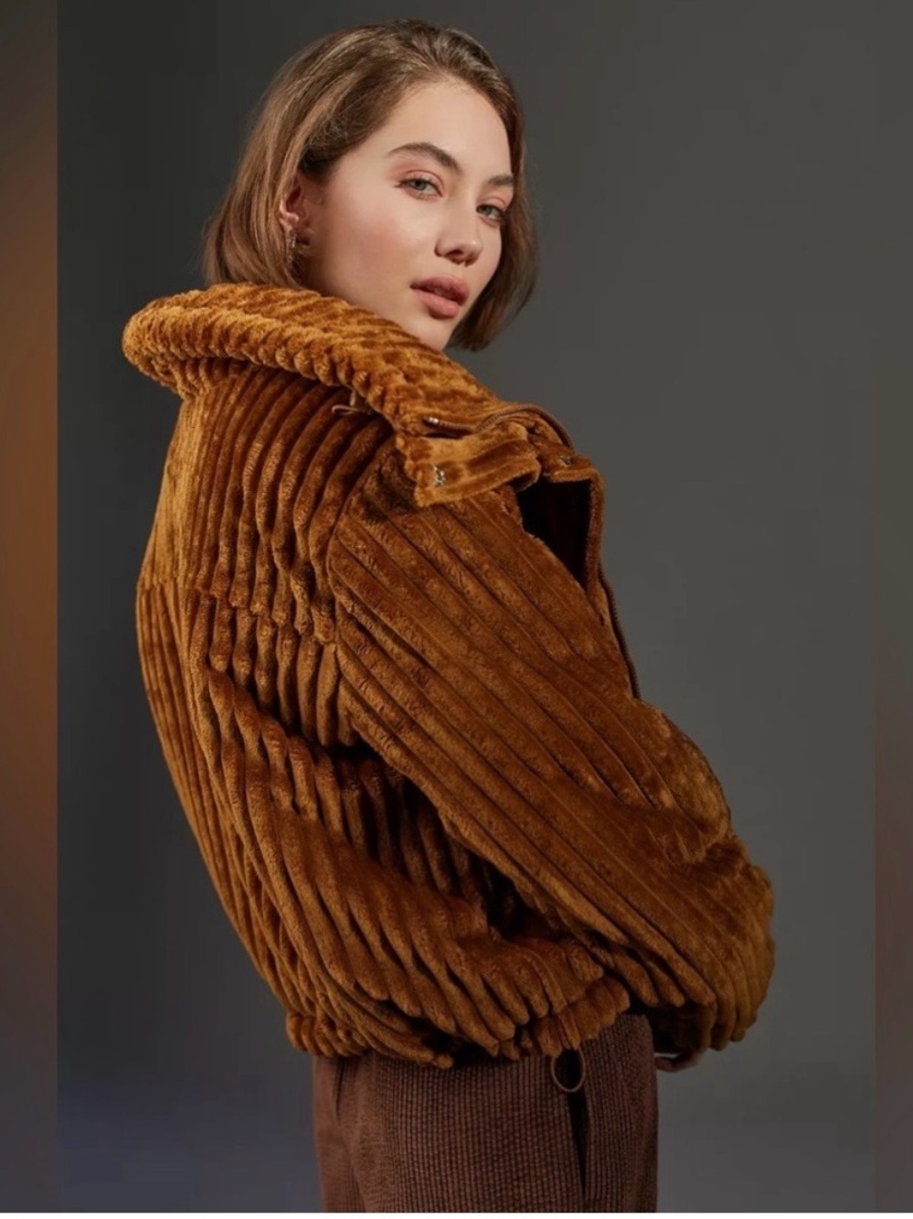 BDG Isla Plush Ribbed Teddy Jacket in Caramel Brown size S.